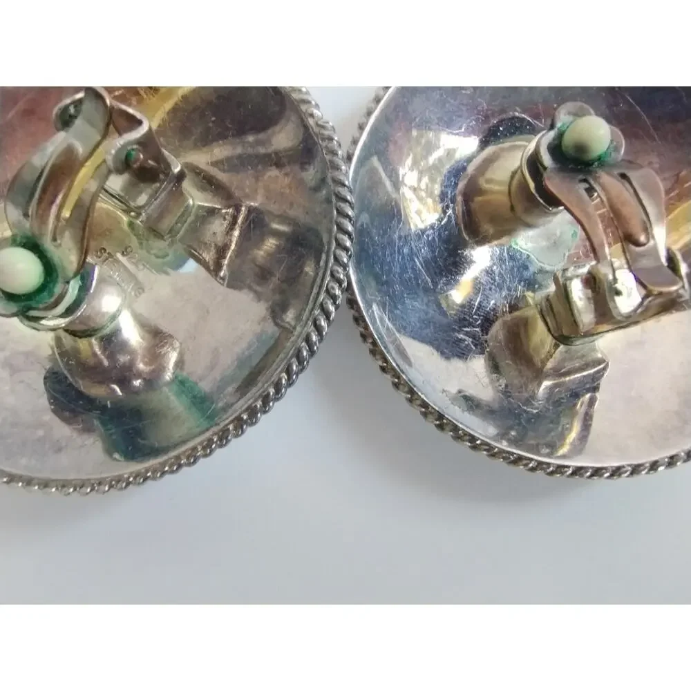 Vintage Sterling Silver Doorknocker Round Puffy Dome Rope Edge Clip Earrings